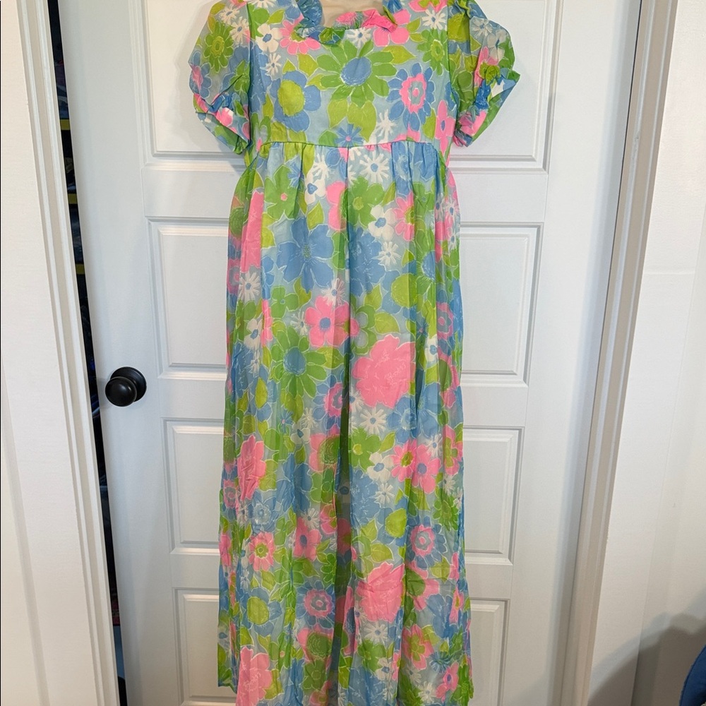 VTG 1960's Hawaiian Fashions Floral Maxi Dress Empire Waist Ruffle small